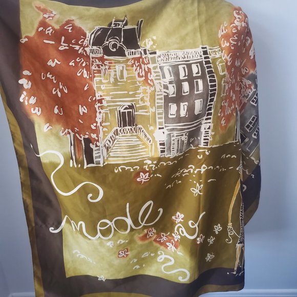 RARE * Vtg Italian City Scene Scarf City Scape Dogwalking Brown Hues Satiny Fees - Picture 3 of 9